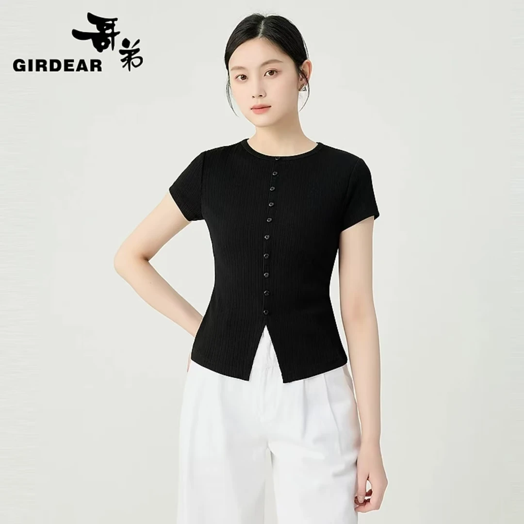 哥弟品质女装新款简约修身百搭前中小开叉设计套头短袖T恤130031