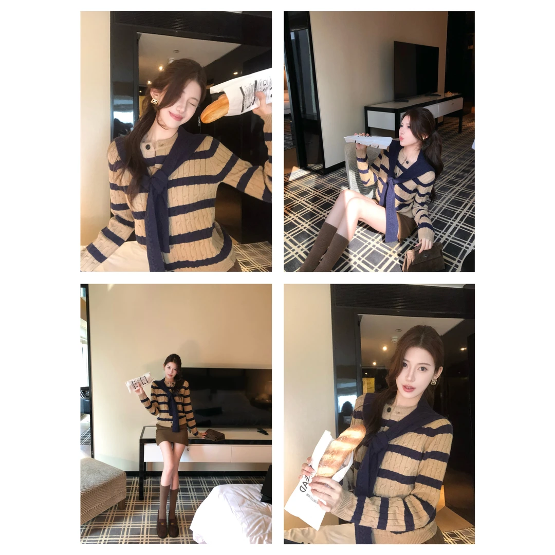 【禾呈】时尚条纹保暖针织女百搭披肩时尚气质长袖针织上衣10847