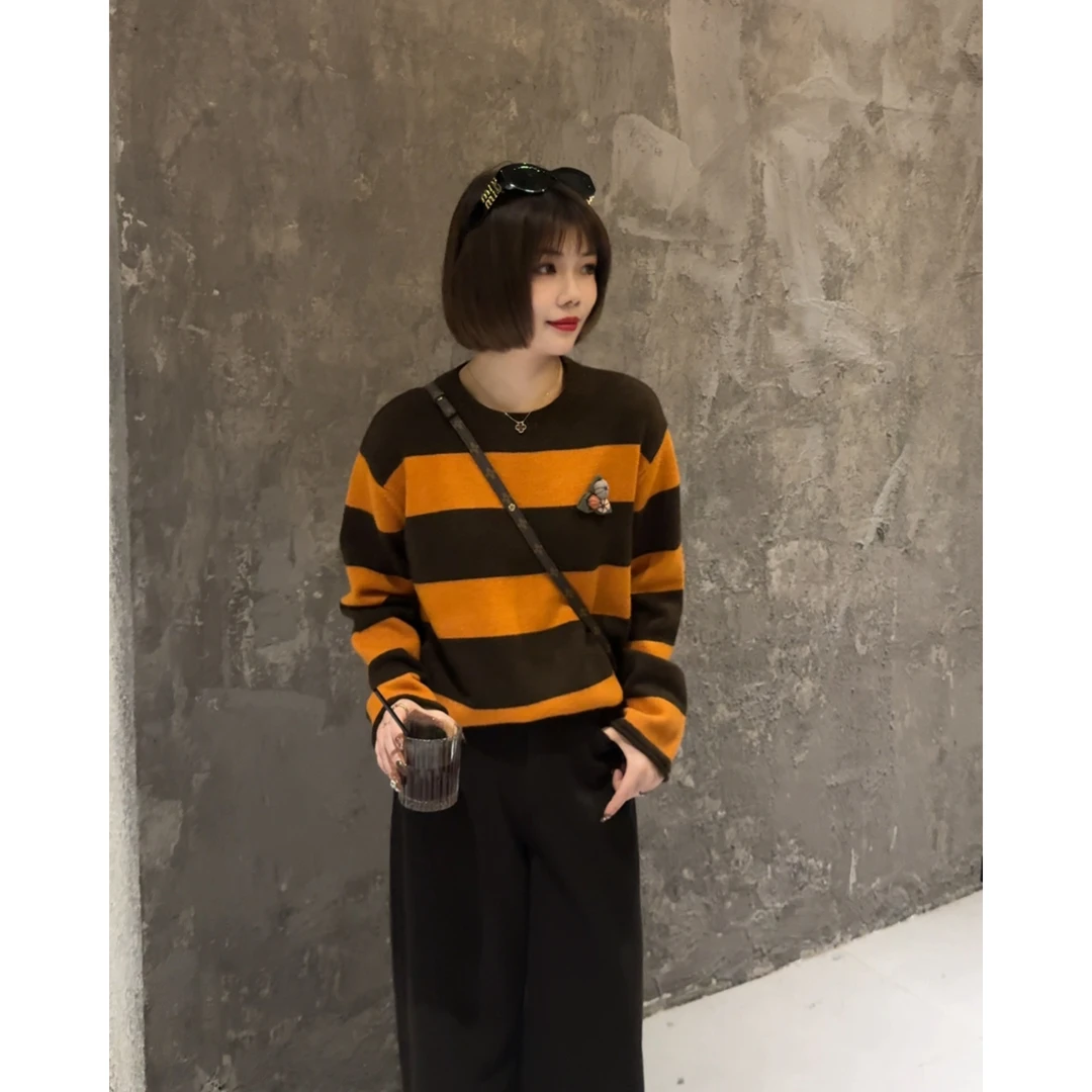 MY【南瓜条纹】冬季新款韩系高级感立体南瓜装饰宽松显瘦条纹针织衫