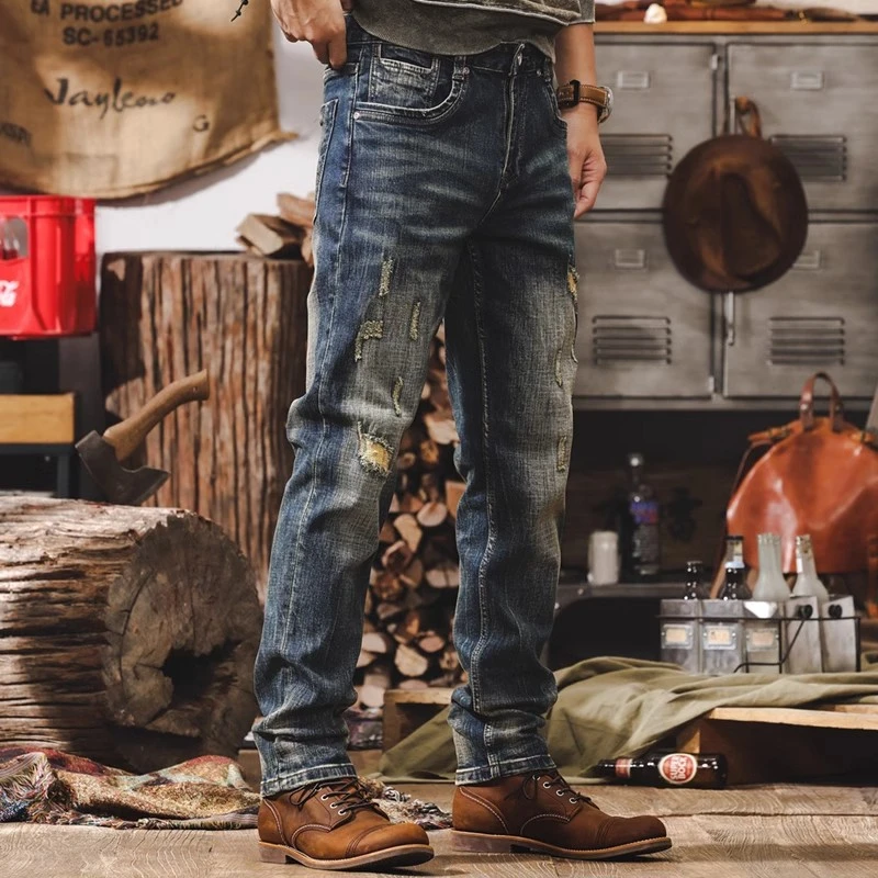 美式复古潮流秋季阿美咔叽牛仔裤男新款潮牌直筒破洞做旧男休闲裤