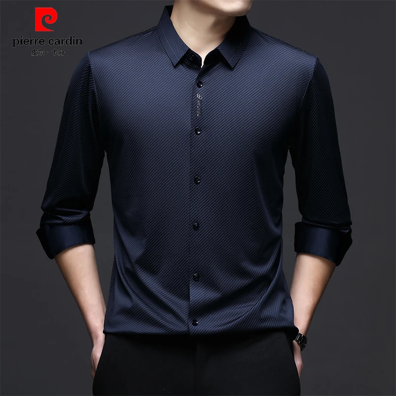 皮尔卡丹正品男士春秋长袖衬衫休闲高档衬衣高品质冰丝竖条纹衬衫