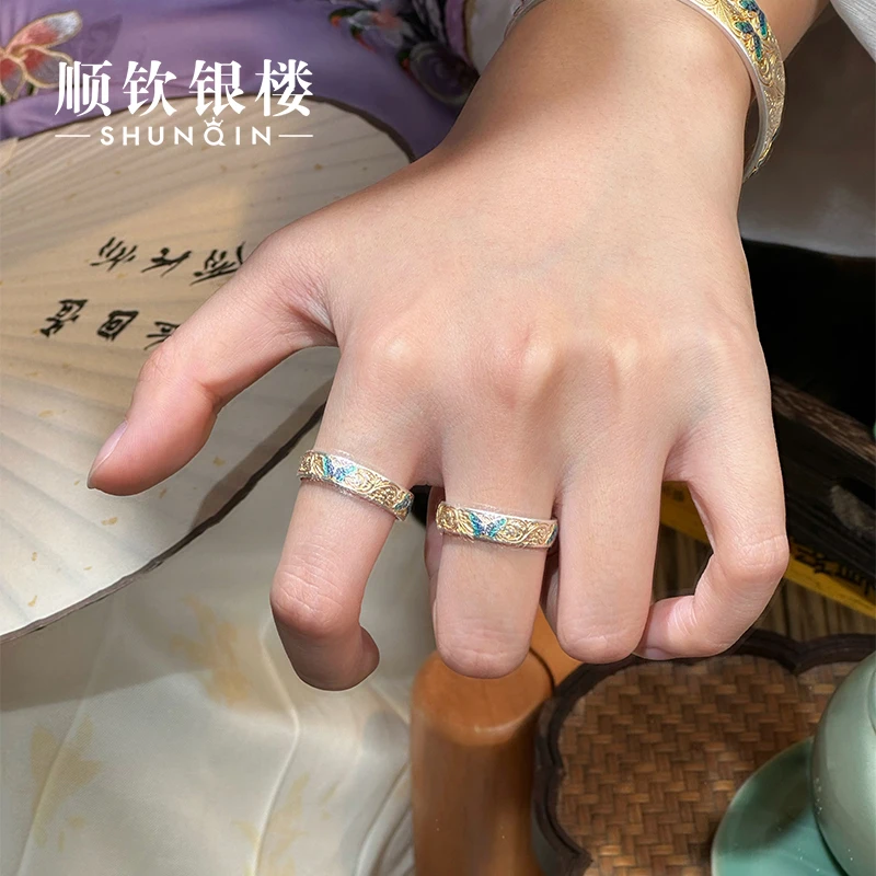 顺钦银楼 足银珐琅戒指 【蝶芳瑶戒指】足银999.9珐琅描金蝴蝶戒指