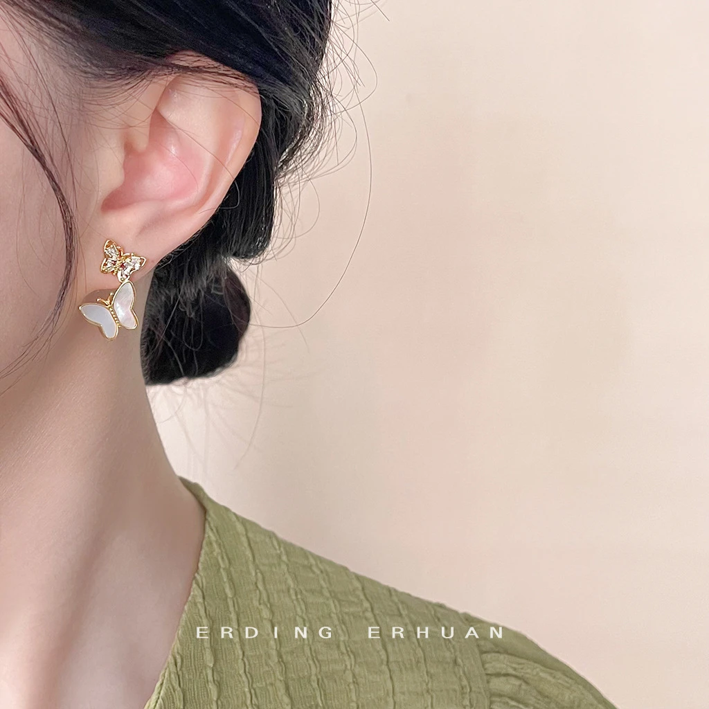铜合金锆石耳饰 真贝壳锆石镀14K蝴蝶银针耳钉气质优雅甜美通41号