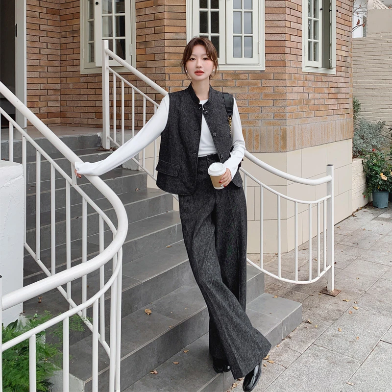 ins韩系松弛感马甲打底阔腿裤套装2025秋季新款高级感通勤三件套
