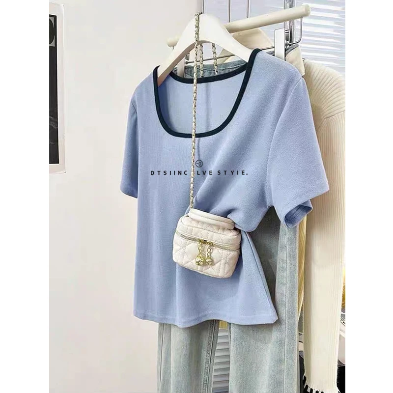 撞色方领上衣夏季2025新款独特别致设计感小众短袖正肩t恤女显瘦