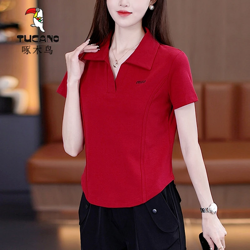 TUCANO/啄木鳥棉质POLO衫短袖T恤女2025夏季新款修身显瘦翻领上衣