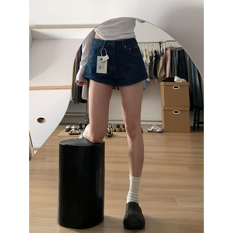 复古深蓝色牛仔短裤女夏季新款小个子高腰宽松阔腿显瘦a字热裤子