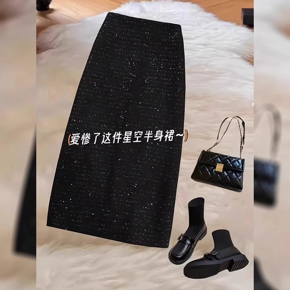 黑色亮片毛呢半身裙女春秋中长款高腰遮跨显瘦直筒开叉a字包臀裙