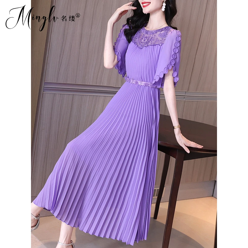 夏季2025新款独特超好看洋气时尚减龄紫色高腰a字百褶轻奢连衣裙