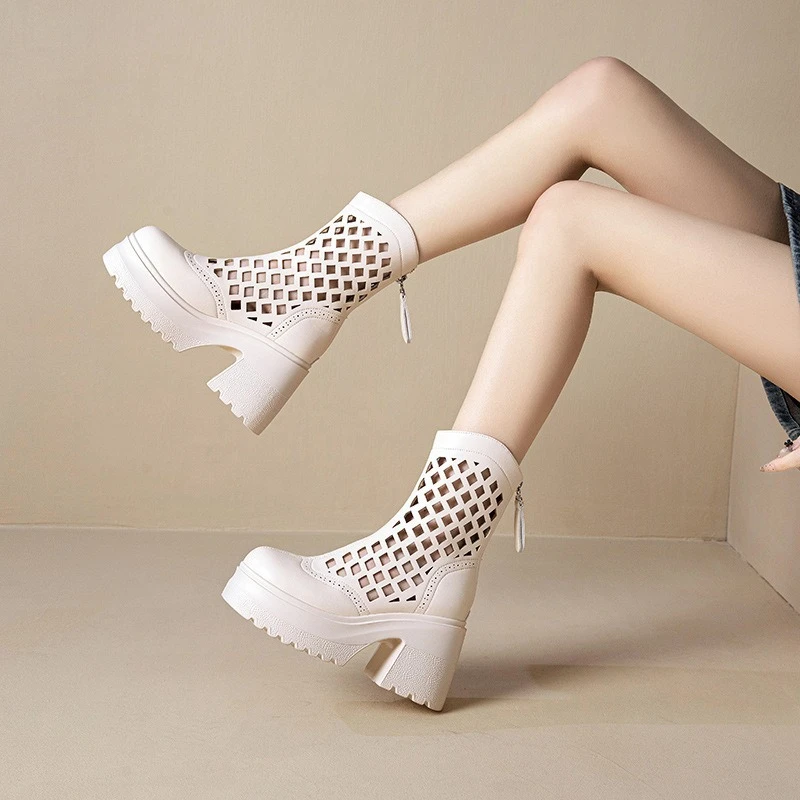 皮鞋网面薄款百搭女鞋高跟夏季夏季真皮厚底时尚靴子春夏粗跟白色