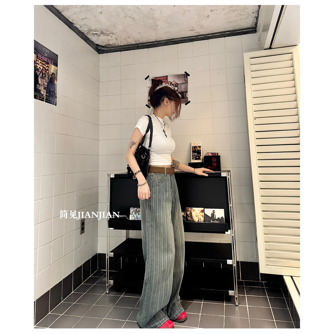 初秋美式复古水洗提花阔腿牛仔裤女老钱风松弛感ins条纹休闲裤