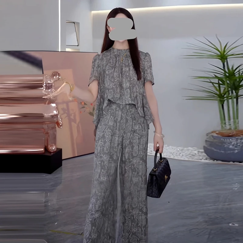 休闲简约灰色套装女2025年夏季新款洋气宽松百搭上衣直筒裤两件套