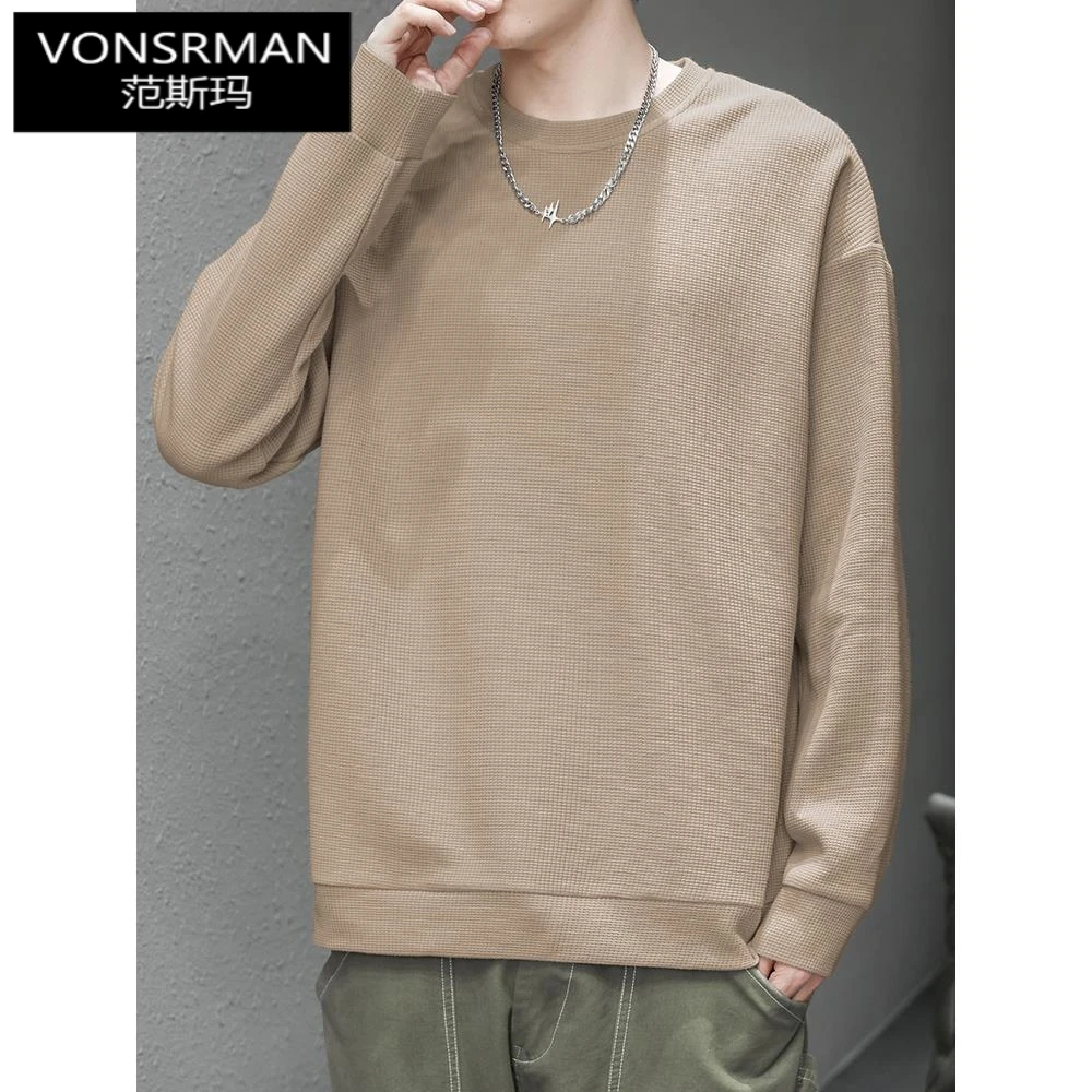 华夫格卫衣男秋冬款加绒加厚纯色无帽上衣服保暖圆领长袖t恤百搭