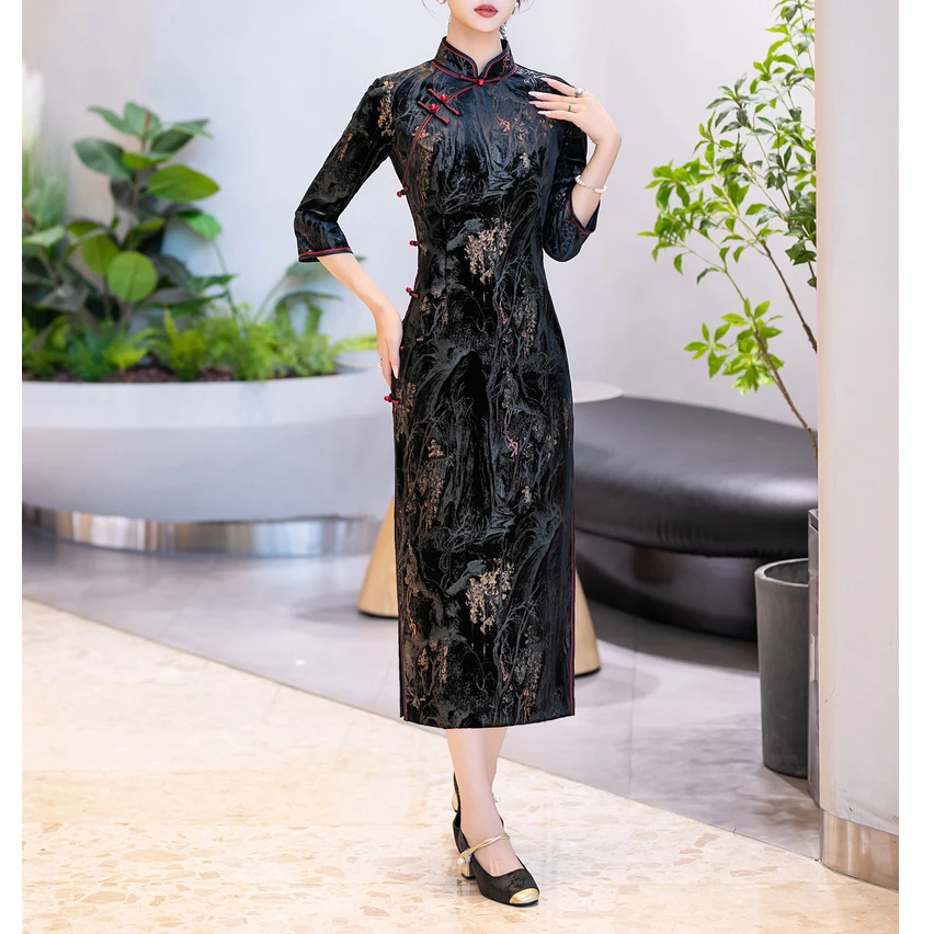 2025秋冬复古风优雅时尚提花气质优雅修身显瘦连衣裙中长款旗袍裙