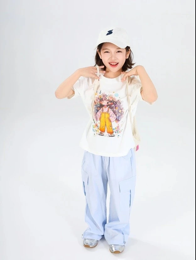 可慢百搭女B类拼接3D印花卡通动漫T恤运动中童春夏白色