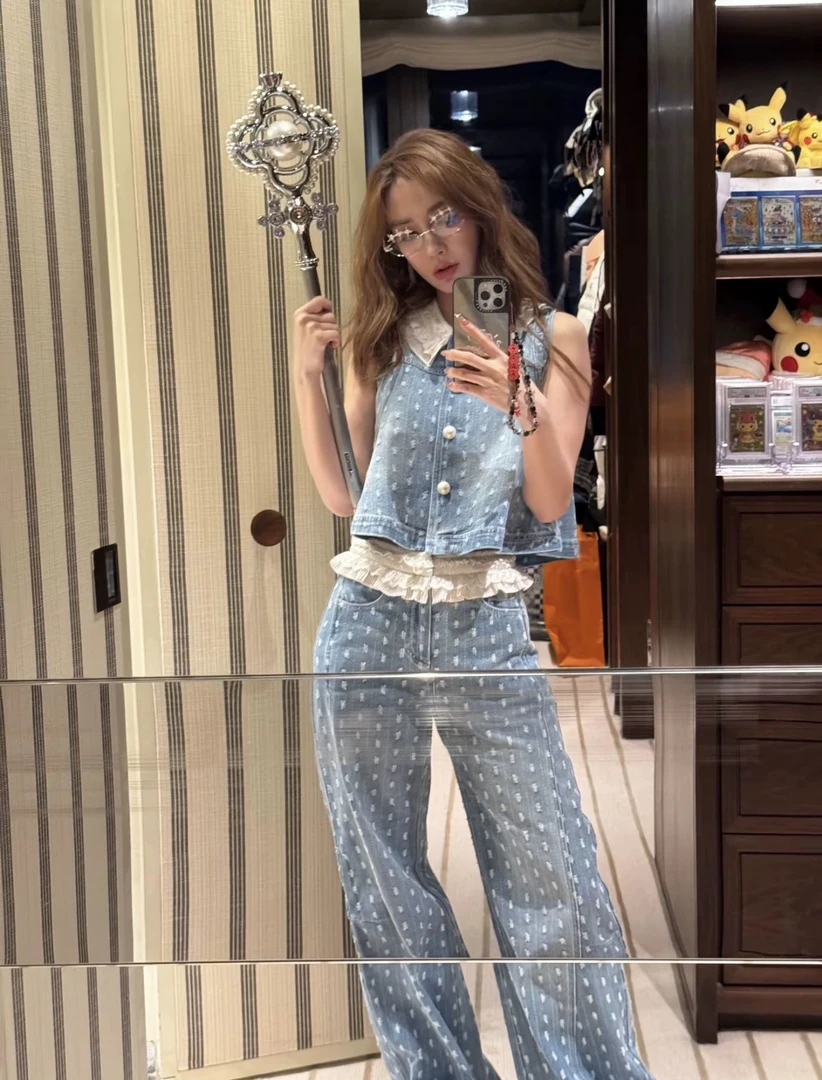 杨颖同款夏季新款时尚复古短袖牛仔马甲上衣背心牛仔裤女