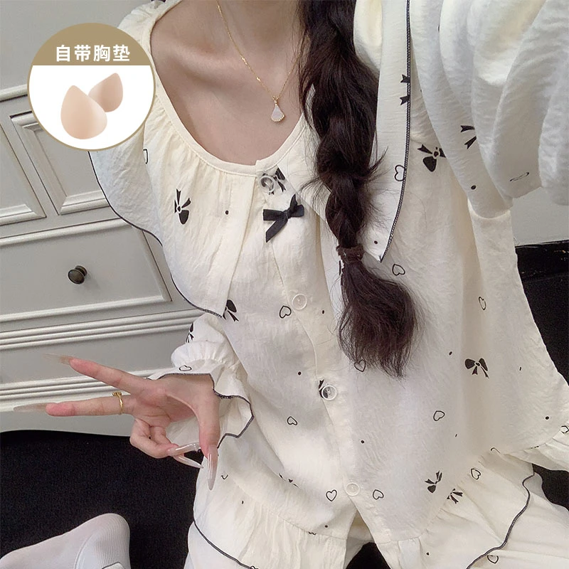 甜美风蝴蝶结带胸垫睡衣女款春秋季娃娃领长袖长裤家居服两件套装