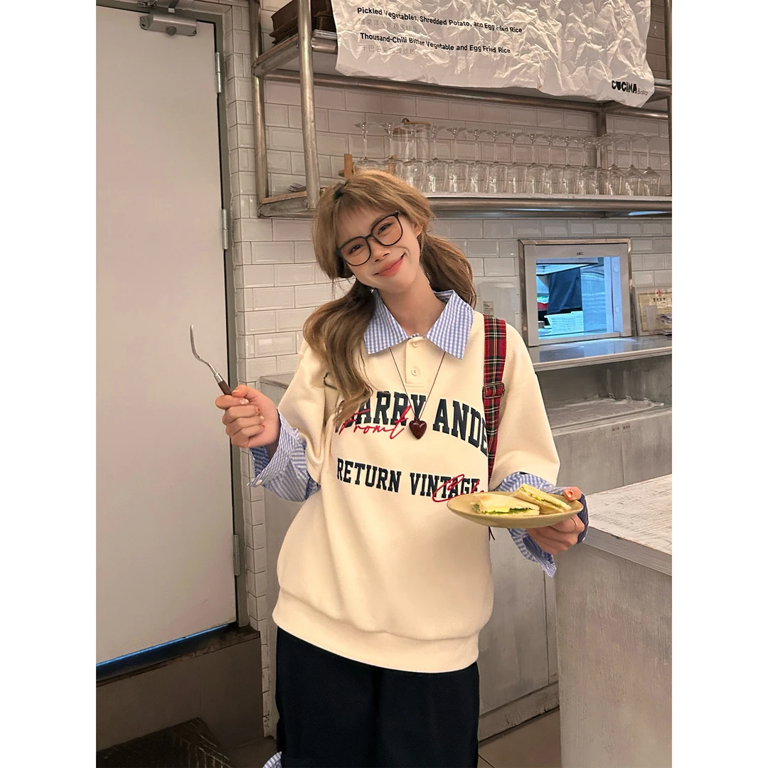 ANDEARDI假两件卫衣百搭宽松格子上衣撞色