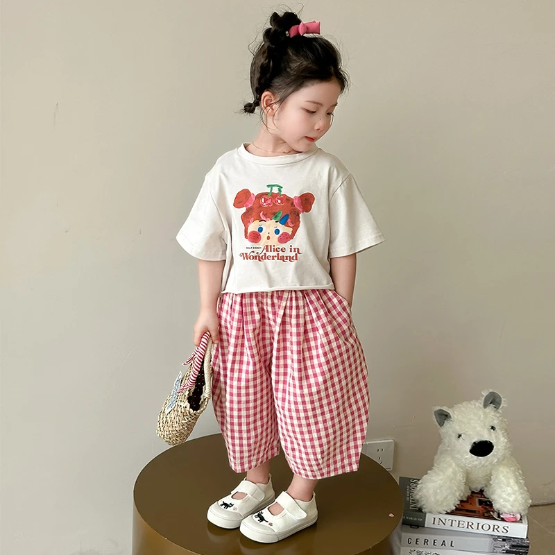 女宝宝短袖套装韩版小女孩夏装洋气女童T恤格子灯笼裤两件套时髦