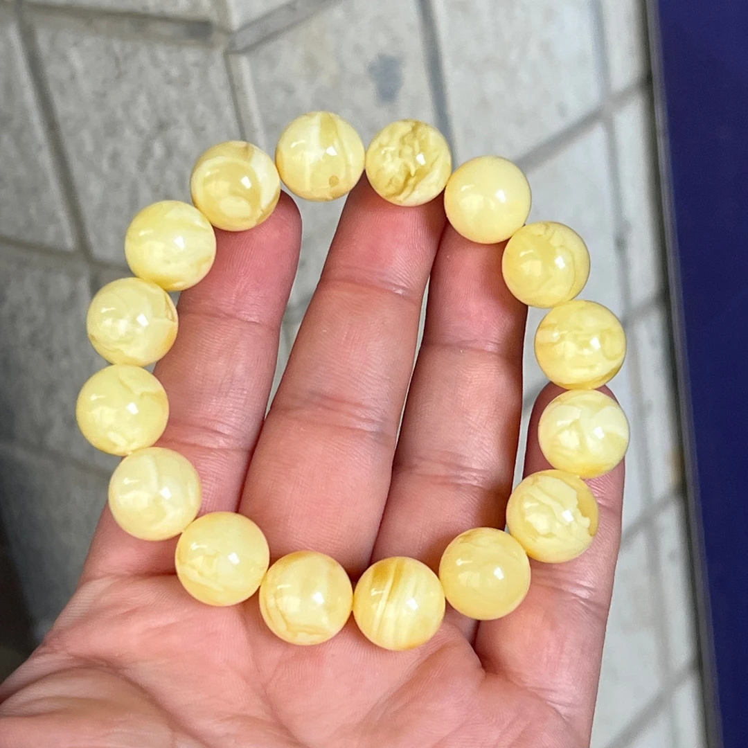 13mm+天然精选满蜡黄白花蜜蜡圆珠手串 20.6