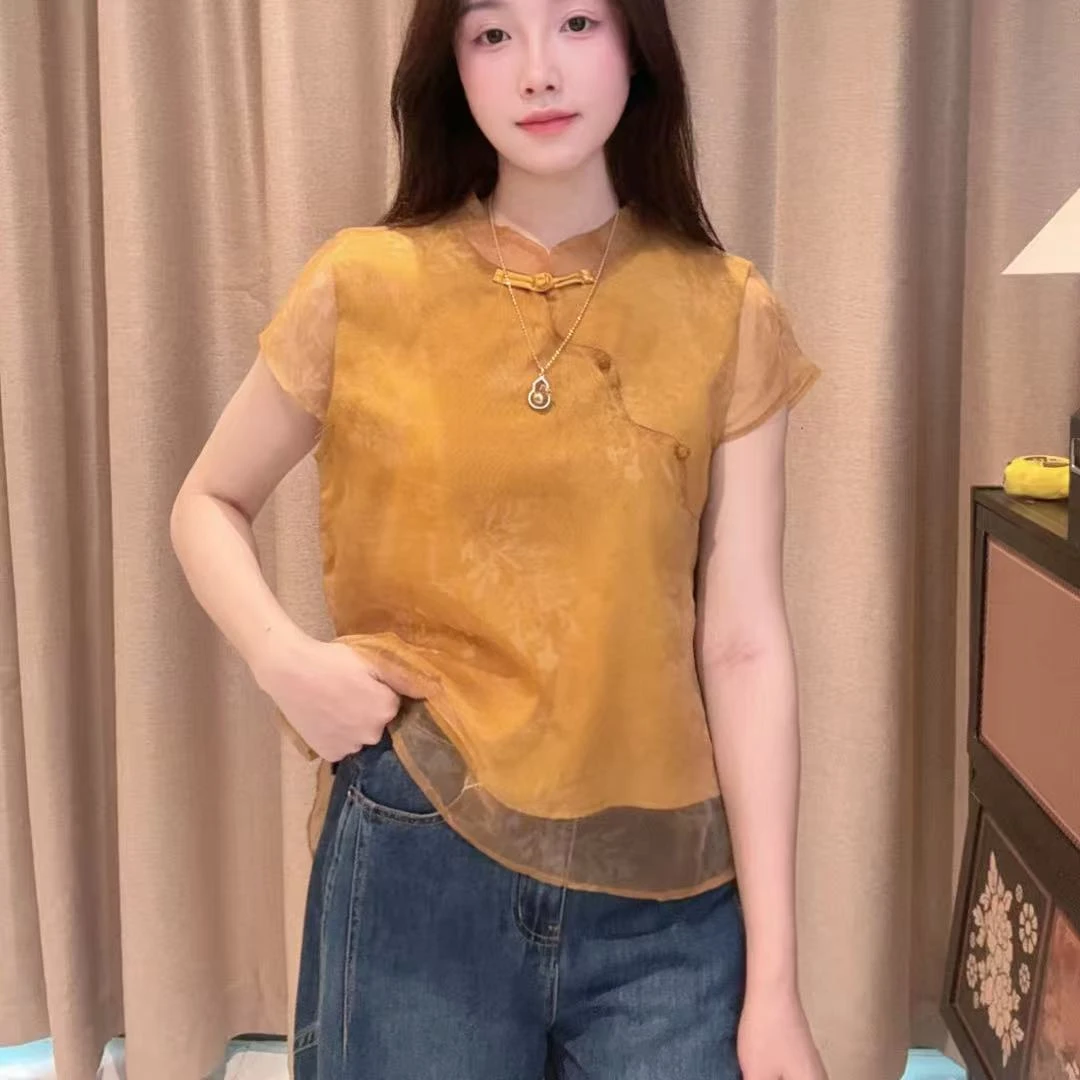 【金枝玉叶】新中式国风重工立领盘扣长袖衬衫女夏季气质百搭防晒衫