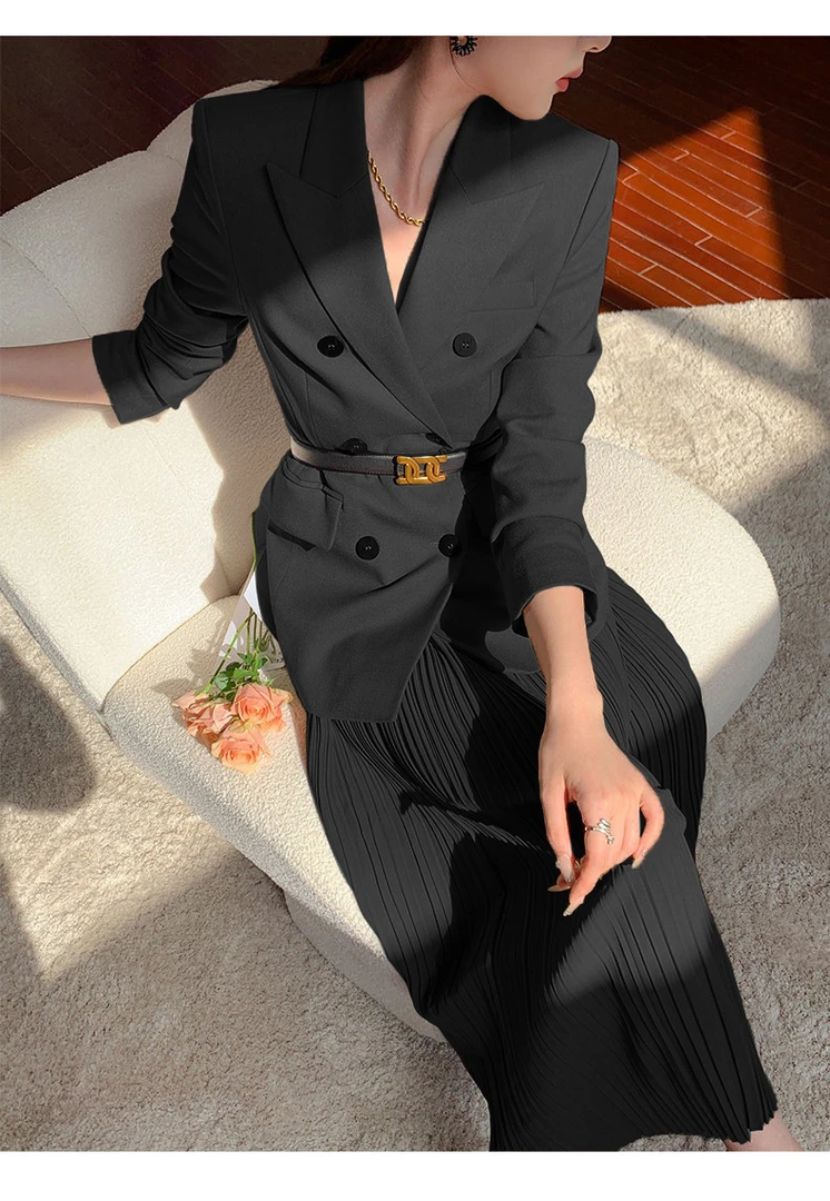 西装外套女秋冬季高级感时尚通勤丝绒百褶半身裙两件套装【配腰带】