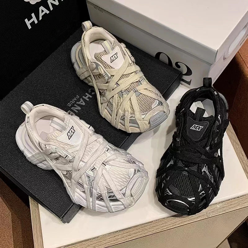 2025绑带做旧老爹鞋新款休闲百搭运动鞋厚底增高情侣巴黎蜘蛛侠鞋