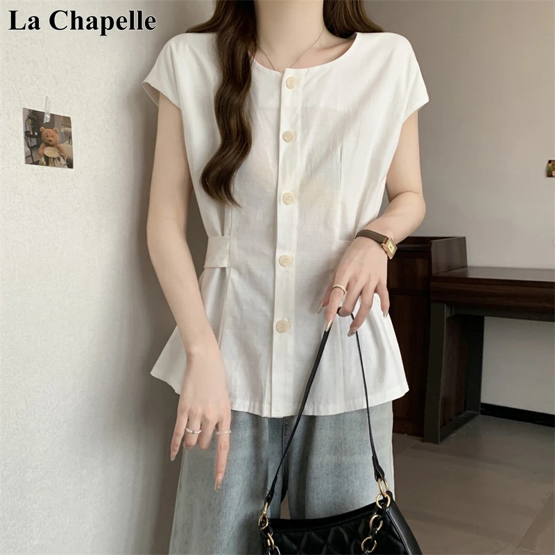 拉夏贝尔大码夏季新款韩系圆领单排扣收腰无袖气质显瘦百搭衬衫女