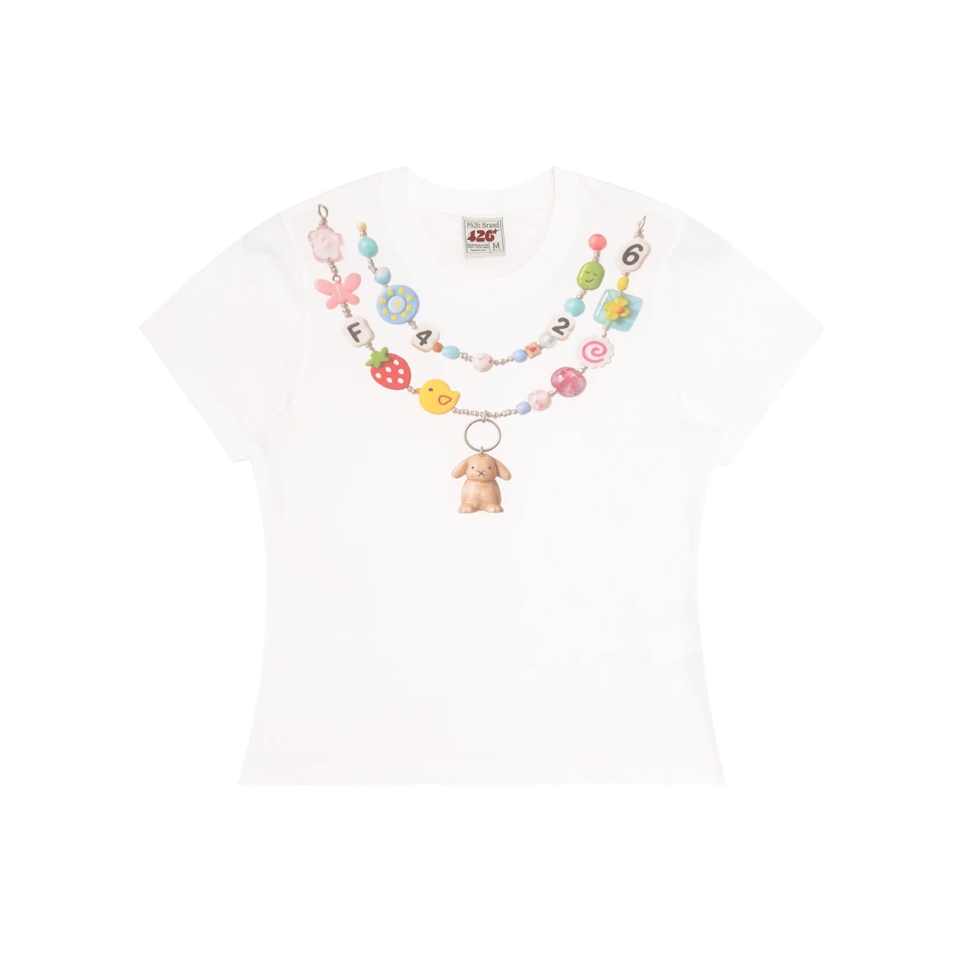 F426潮牌夏季时尚街头嘻哈潮流项链印花短袖t恤修身正肩短款0129