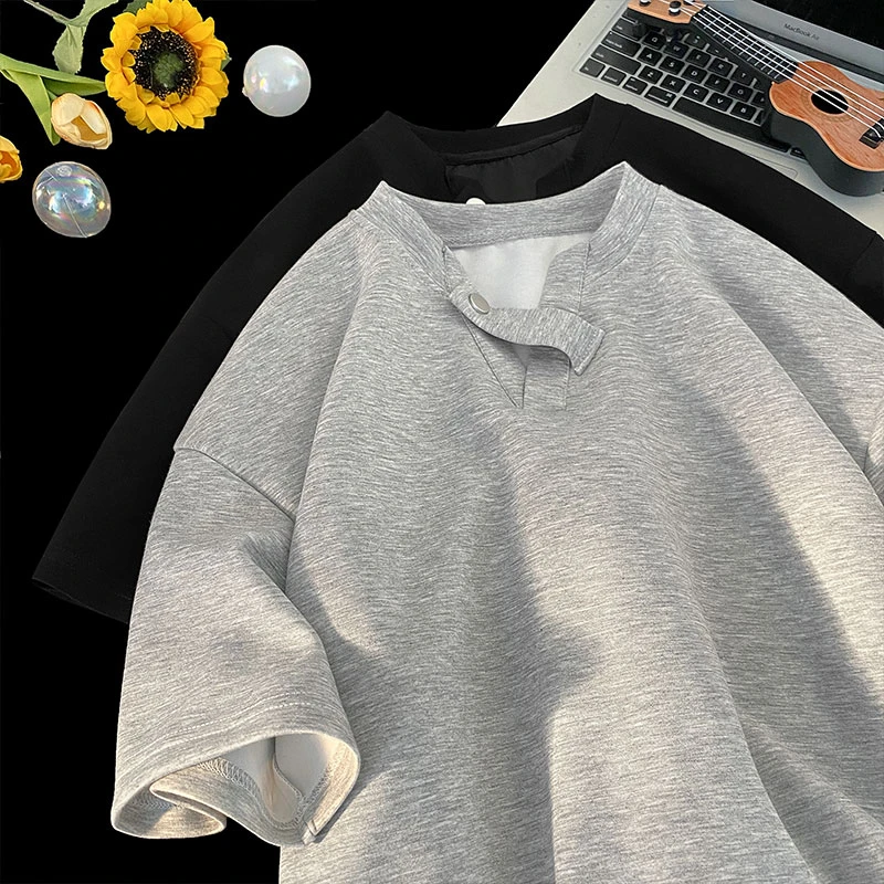 纽扣V领短袖t恤男2025夏季新款cleanfit重磅潮流潮牌宽松半袖体恤