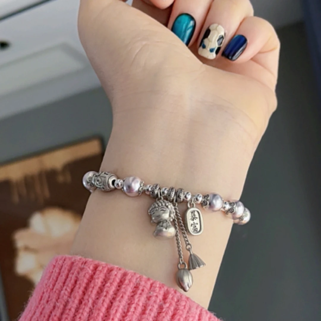 铜合金手链 复古法莲花佛六字真言招财纳福手串本命时尚百搭小众