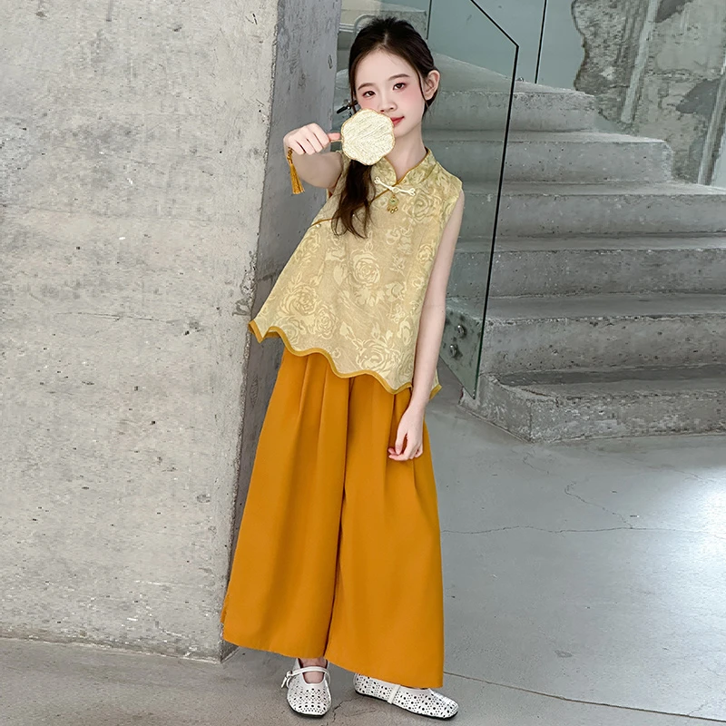 女童夏装套装2025新款儿童洋气新中式国风无袖上衣阔腿裤夏季薄款