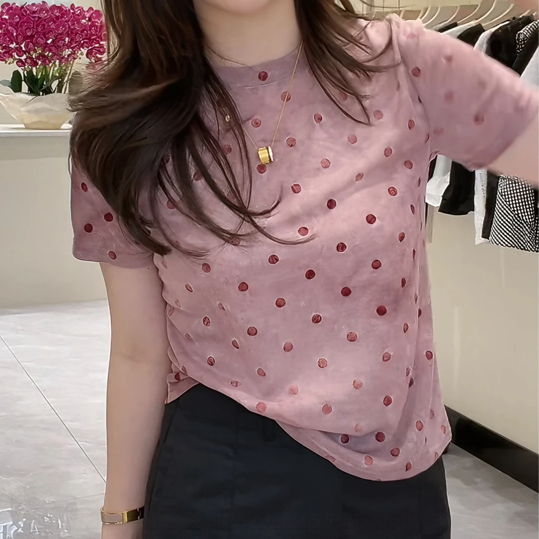 圆领重工扎染设计感植绒波点T恤女2025夏季新款时尚气质短袖上衣