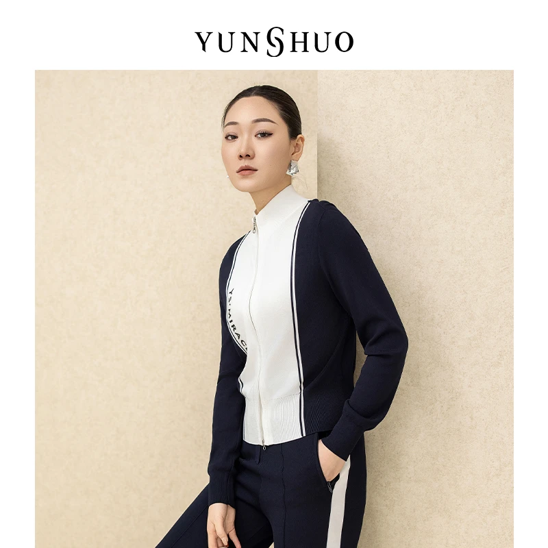 允硕春季新品时尚百搭拼色黑白气质休闲立领拉链针织开衫729253