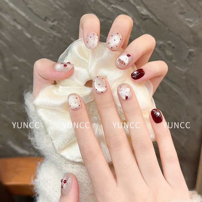 【樱桃布丁】纯手工穿戴甲新年豆豆短甲猫眼新年秋冬爆款美甲贴片