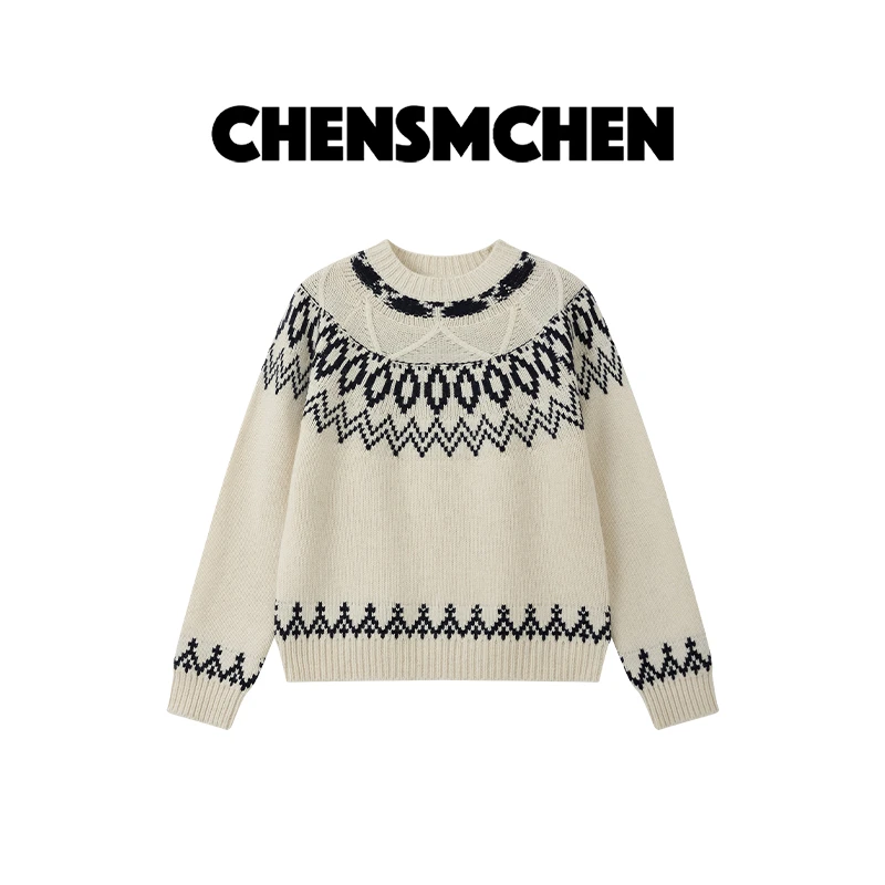 CHENSMCHEN 100绵羊毛圆领白蓝色针织衫女宽松显瘦上衣CSQ11474SL