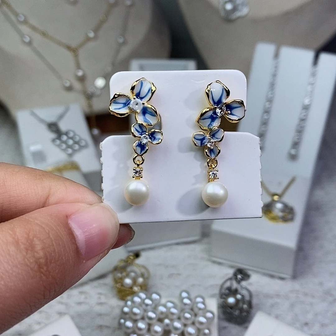 银S925镶嵌淡水珍珠耳饰