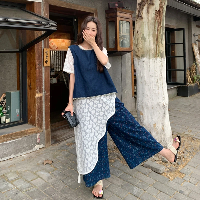 不规则设计感套装裤夏季女2025新款圆领牛仔马甲蕾丝罩衫阔腿裤潮