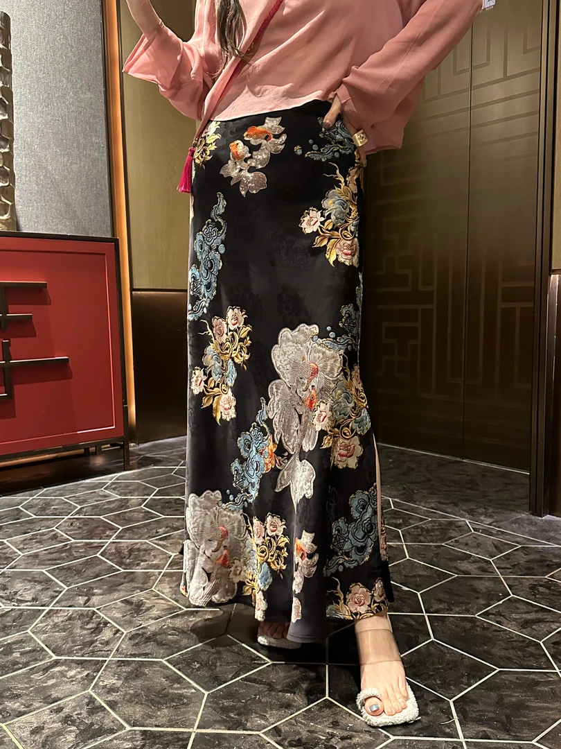 【银鲤】定制斜裁双鱼重工提花缎面鱼尾半身裙百搭新中式长裙