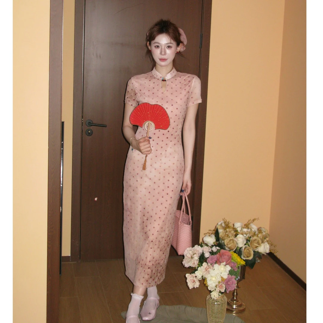1美静在这弹力网纱植绒波点粉色连衣裙新中式旗袍长裙XMZH7269