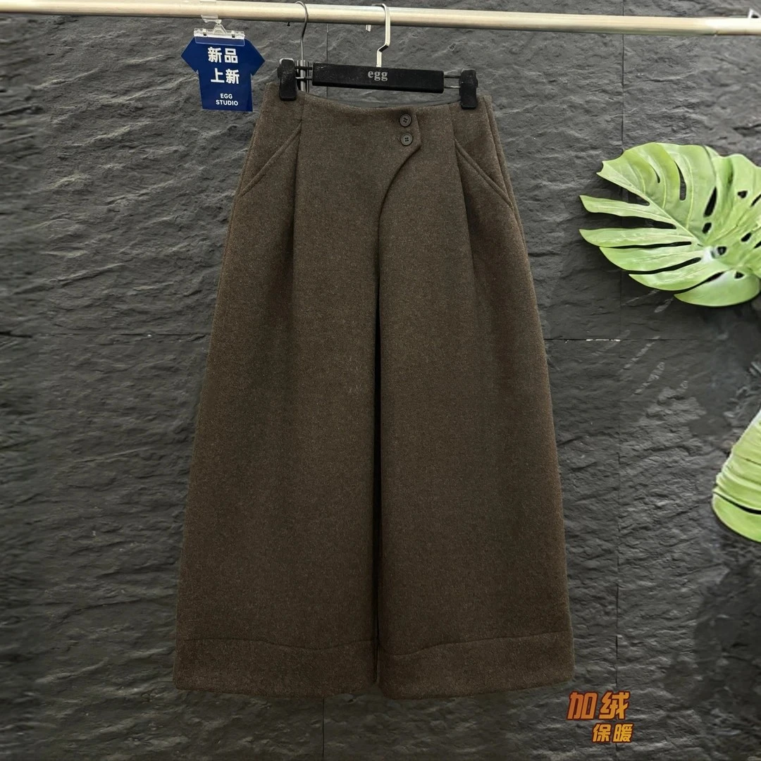 高端欧货2025冬季新款设计感高腰显瘦羊毛呢休闲裤女小个子阔腿裤