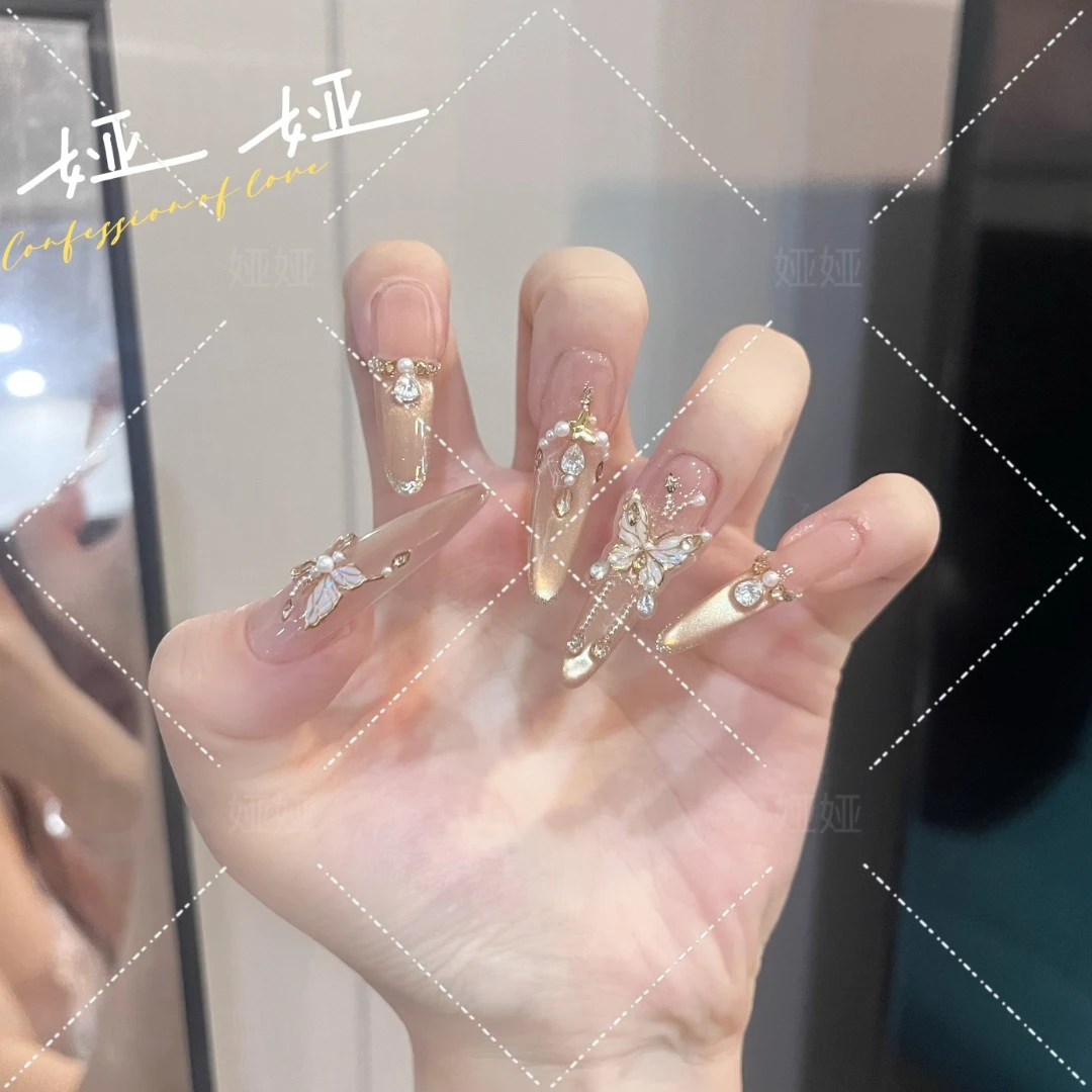 【璀璨金蝶】穿戴甲可拆卸立体蝴蝶猫眼珍珠细闪锆石美甲纯手工