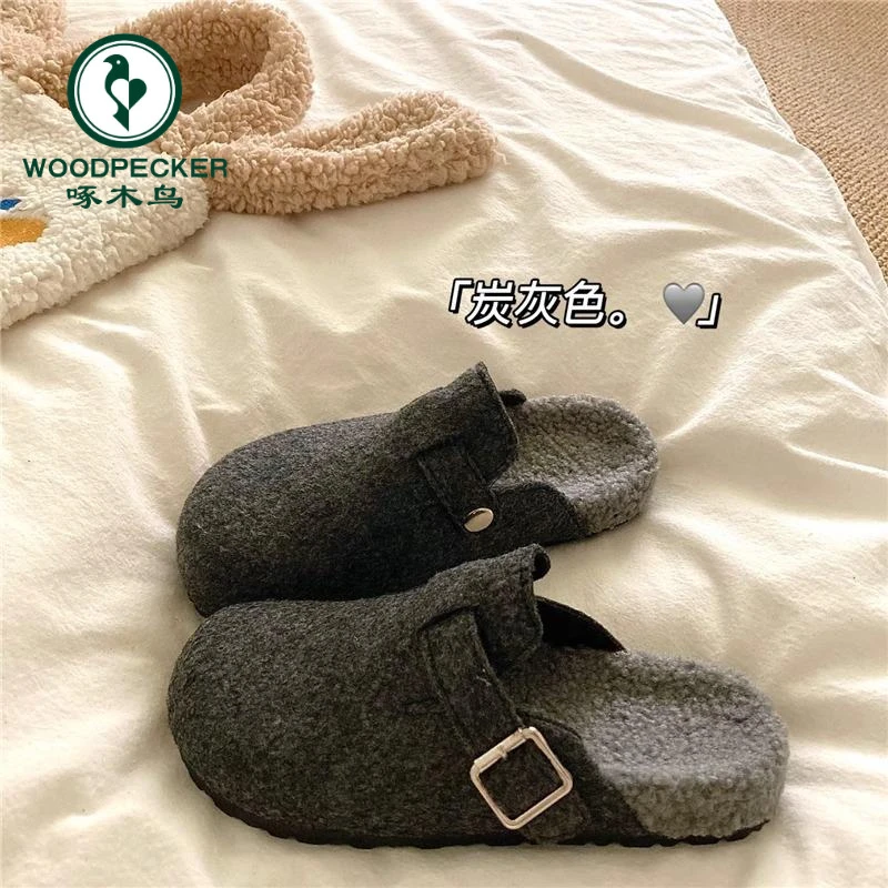 啄木鸟勃肯鞋女2025秋冬季加绒加厚新款包头半拖鞋外穿懒人棉拖鞋