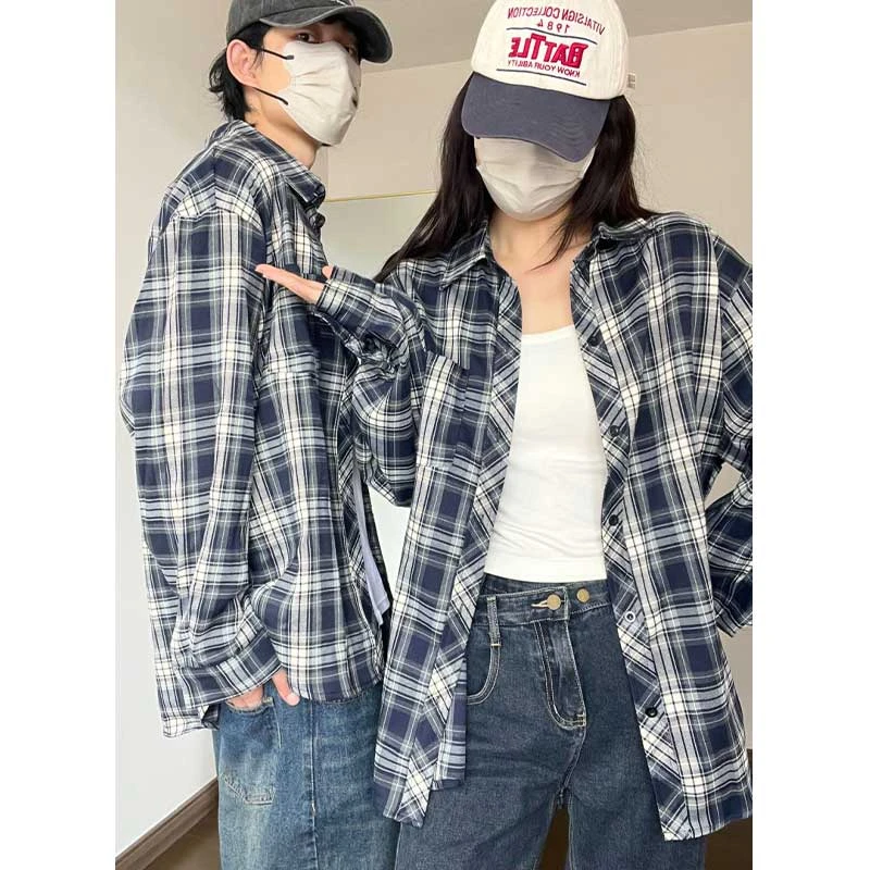 蓝色格子长袖衬衫男秋季高级感美式格纹衬衣小众百搭防晒情侣外套