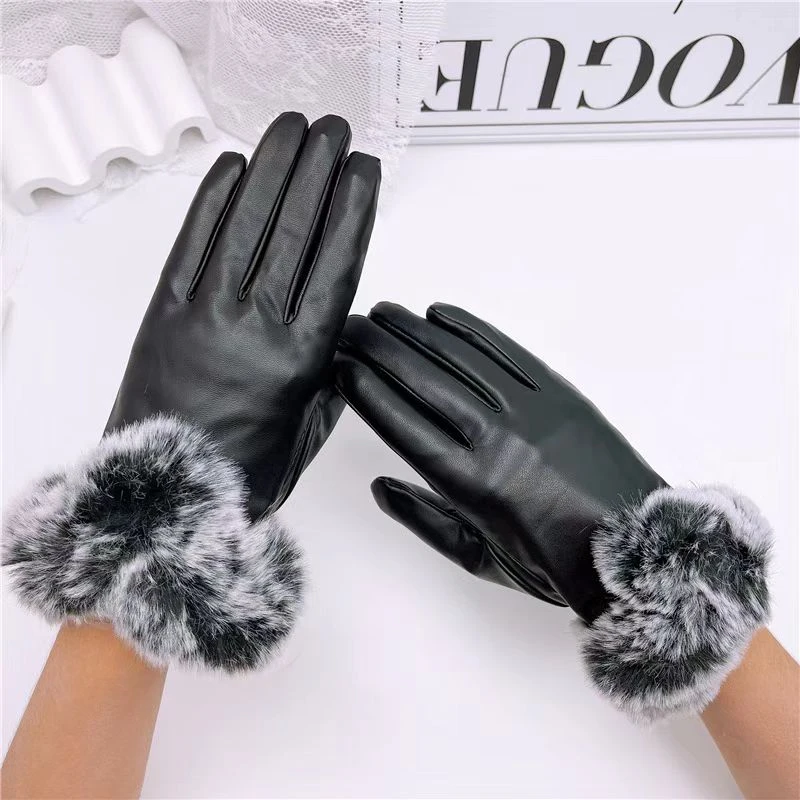 女士触摸毛口手套秋冬加绒保暖光板皮革防寒手套冬季暖手套触屏