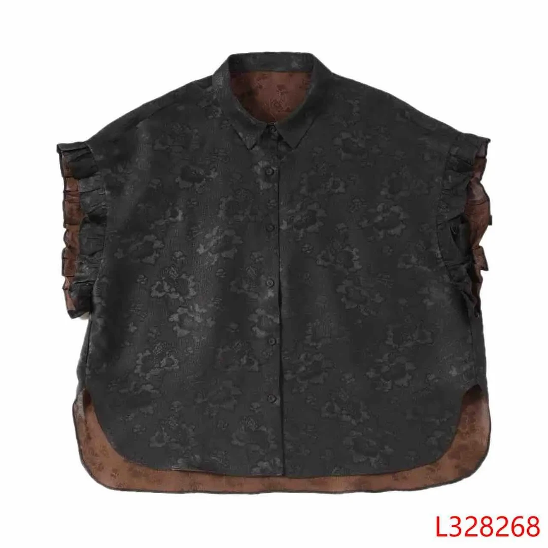 佳 新中式风 328268 黑色花萝小飞袖上衣