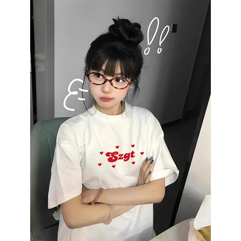 【帝韵】纯棉爱心字母印花短袖t恤女夏季新款宽松洋气情侣百搭上衣