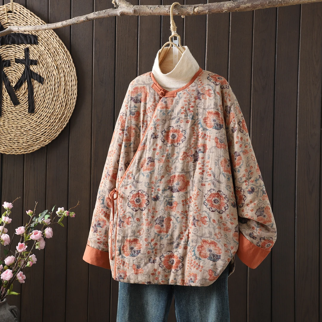 宽松民族风百搭简约休闲棉衣花色长袖圆领棉袄棉服女式2025秋冬季