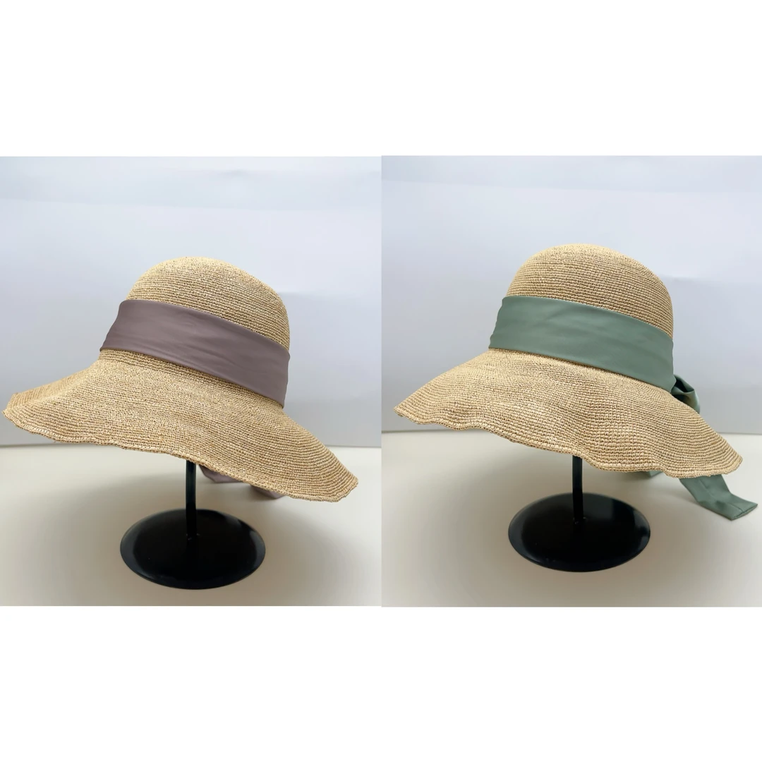 03515 飘带蝴蝶结拉菲草帽子一个，两色，帽围57cm左右