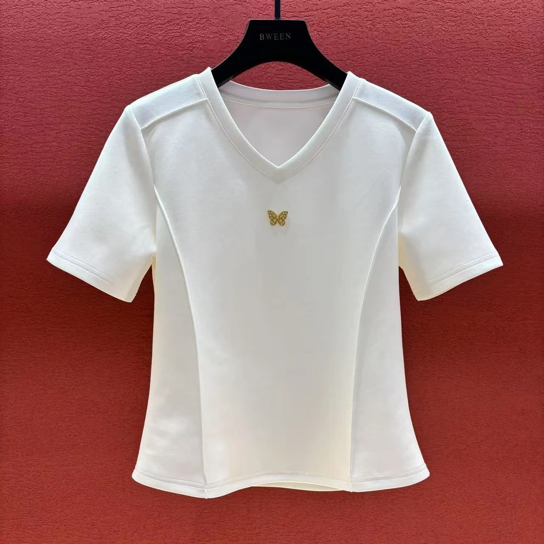 【镶钻蝴蝶】25年夏季立体裁剪设计感女士时尚V领半袖显瘦短袖T恤